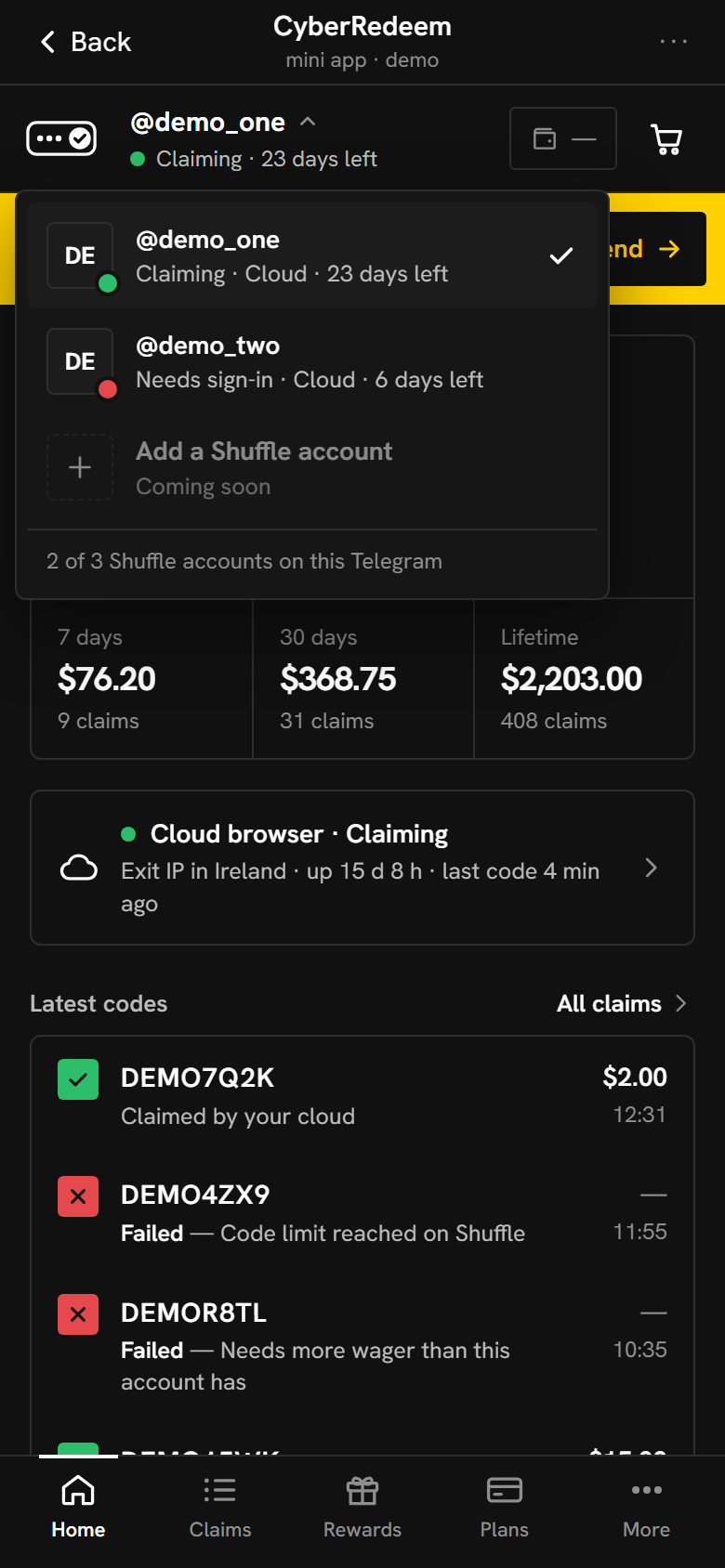 The Mini App’s account switcher listing two Shuffle accounts, one claiming and one waiting to be signed in again.