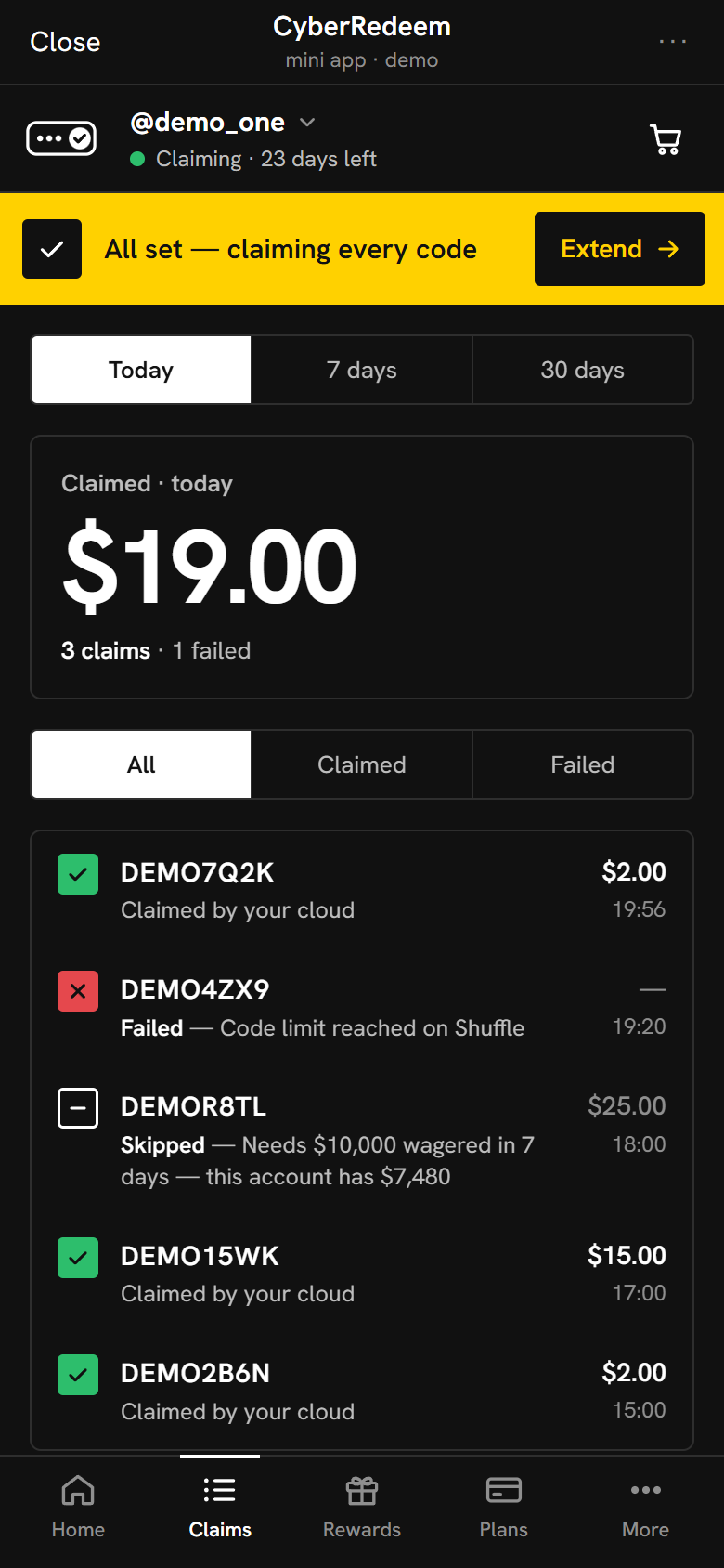 The Claims list: claimed codes with a green tick, a failed code with a red cross and Shuffle’s reason, and a skipped code that needs $10,000 wagered in 7 days while the account has $7,480.