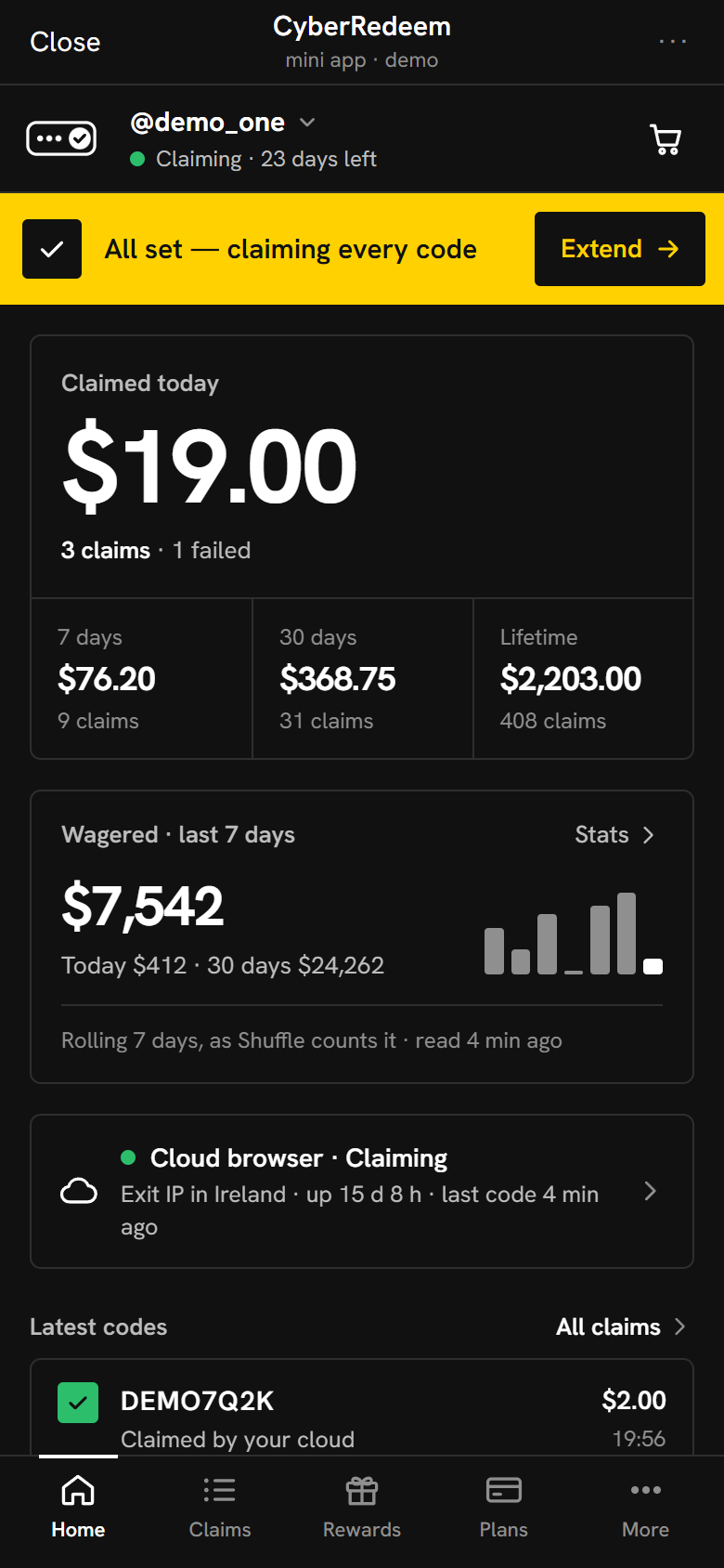 The CyberRedeem Mini App home screen: the account is claiming, today’s claimed total, the amount wagered on Shuffle in the last 7 days with a small bar per day, the cloud browser’s status and the latest code.