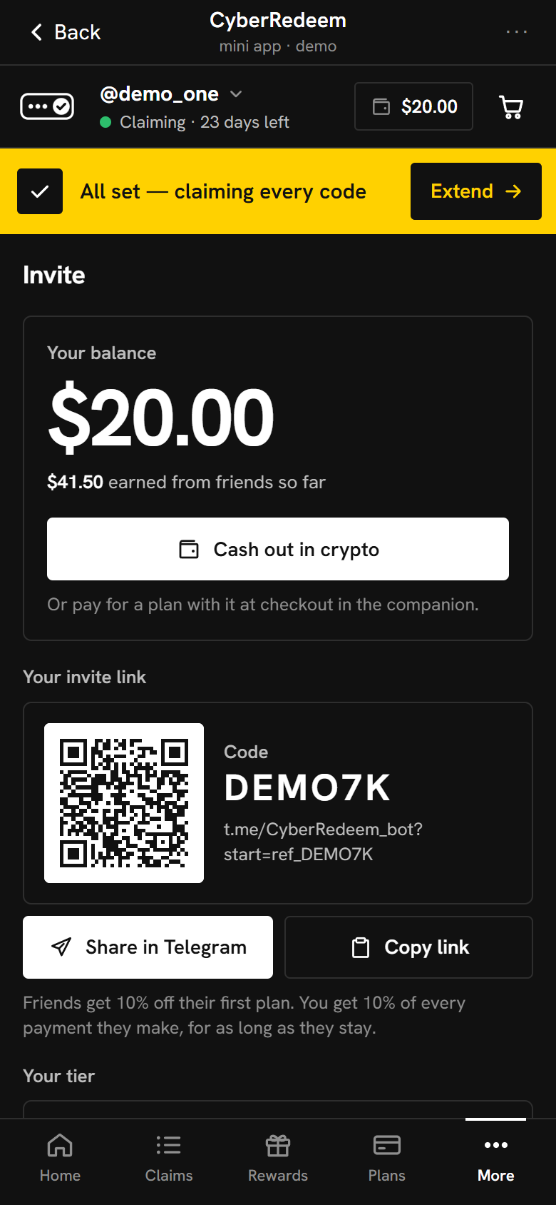 The Mini App’s Invite page: a $20.00 referral balance, $41.50 earned from friends so far, a Cash out in crypto button, and the invite link with its QR code.