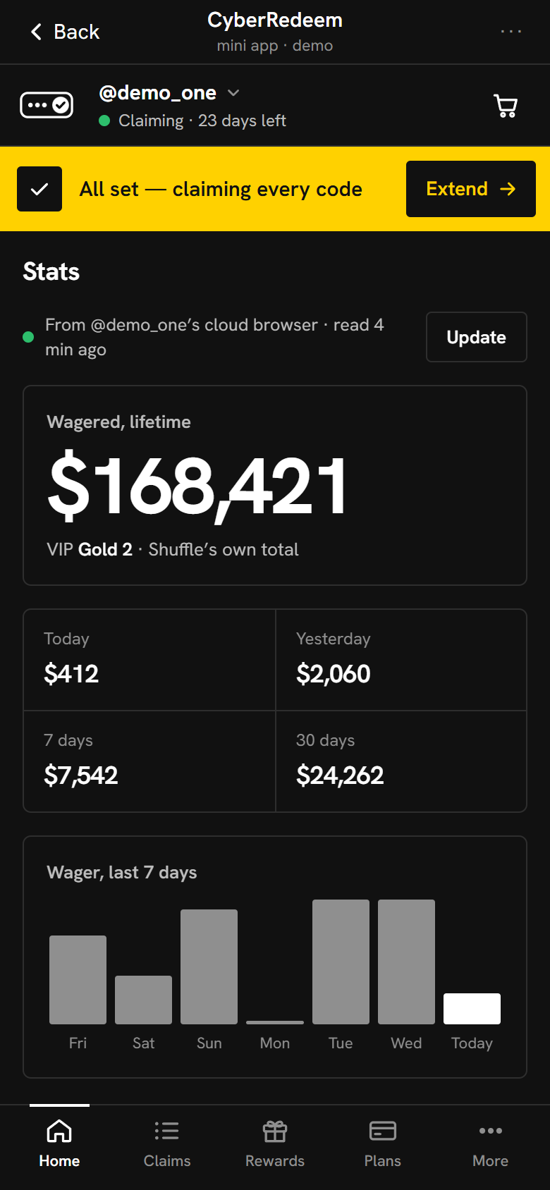 The Mini App’s Stats page: $168,421 wagered in total, VIP Gold 2, wager for today, yesterday, 7 days and 30 days, and a bar for each of the last 7 days.