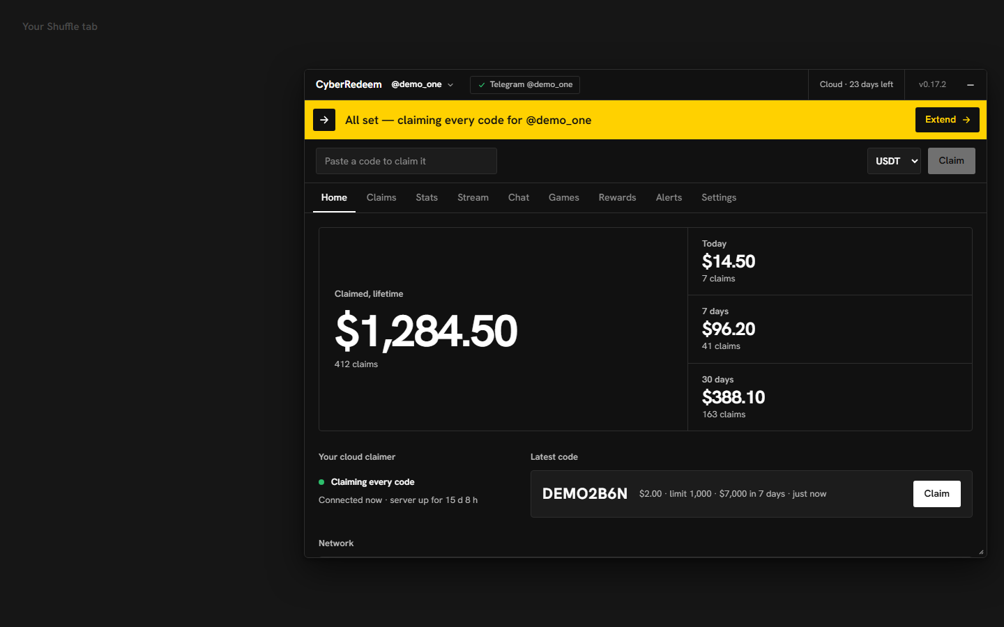 The companion board floating over a Shuffle tab: a yellow band saying all set, claiming every code; tabs for Home, Claims, Stats, Stream, Chat, Games, Rewards, Alerts and Settings; lifetime, today, 7-day and 30-day claimed totals.